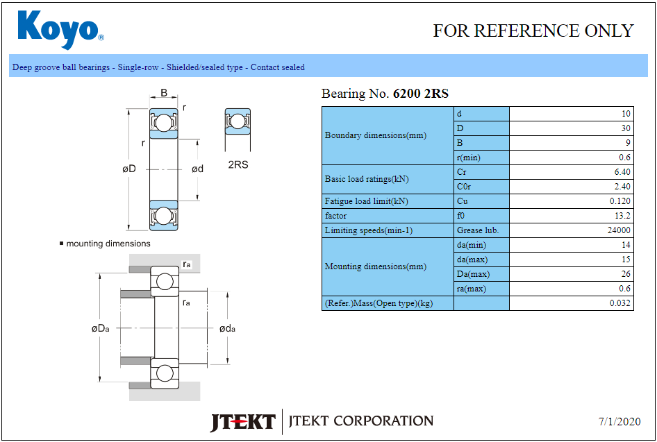 thông số Vòng bi Koyoy 6200